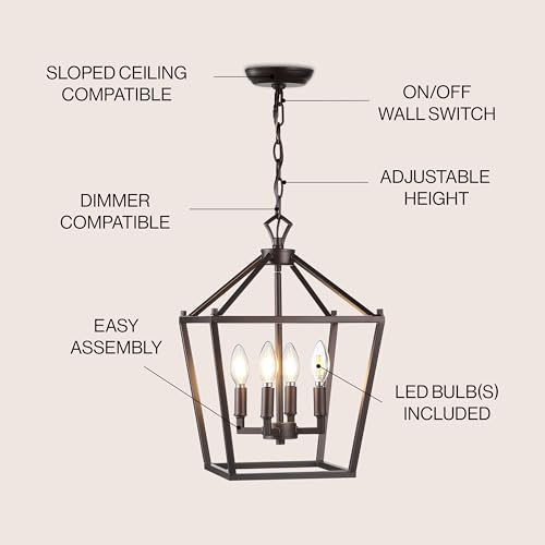 Image of JONATHAN Y Pagoda 4-Light Pendant 12 inch Cage, Oil Rubbed Bronze | Traditional Metal Farmhouse Hanging Lantern Ceiling Fixture, Adjustable Chain Link, For Kitchen Island, LED Bulb Included