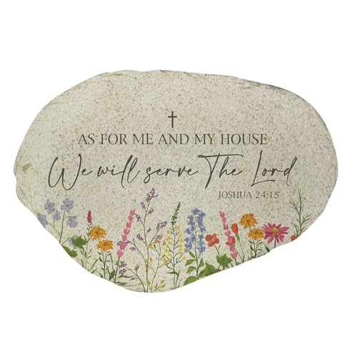 GiftsForYouNow Religious Flat Garden Stone, As for Me and My House, We Will Serve The Lord Joshua 24:15 Scripture Verse, Faux Rock with Floral Design, Outdoor Christian Décor