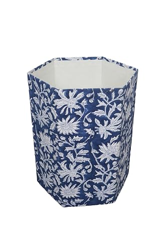 Image of 3.3 Gallon Cotton Hand Block Printed Paper Waste Basket |Small Decorative Trash Can for Housewarming Gifts in Living Room, Bedroom, Bathroom | Eco-Friendly, Plastic-Free (1, Blue White FLOWAR)