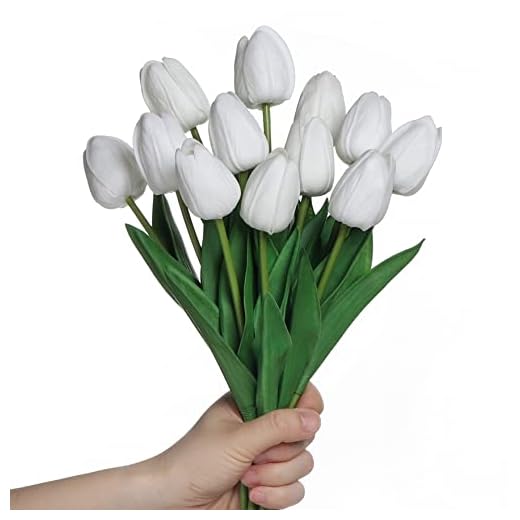 Anaoo 12pcs Tulipán Artificial Blanco de látex, Ramo de Flores Artificiales de Novia para el hogar, Boda, Fiesta, decoración de Oficina, arreglos Florales,