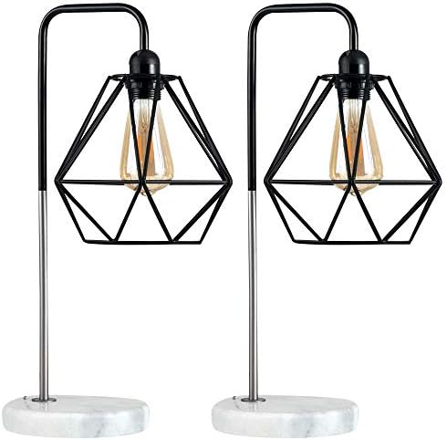 MiniSun Pair of - Retro Style Black/Chrome Metal & White Marble Base Table Lamps with Gloss Black Metal Basket Cage Shades