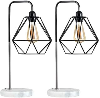 MiniSun Pair of - Retro Style Black/Chrome Metal & White Marble Base Table Lamps with Gloss Black Metal Basket Cage Shades
