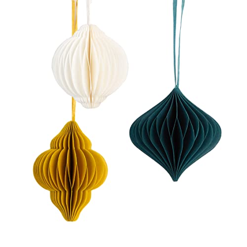 Talking Tables Paper Honeycomb Christmas Tree Decorations, Pack of 3 Hanging Xmas Baubles in White, Green and Yellow, Small - Image 2