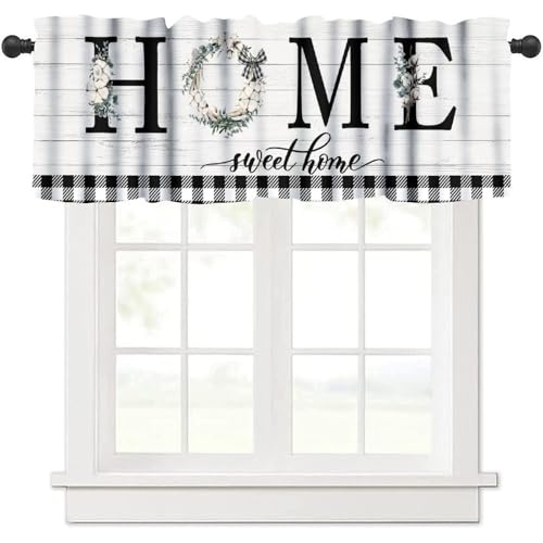 moderw Vintag Farmhouse Kitchen Valance Curtain, Rurtic Wooden Board Black White Buffalo Plaid Sweet Home Window Treatment Valances for Home Bedroom Living Room Café Décor 54x18inch