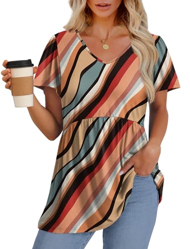 Image of OFEEFAN Womens Summer Tops Babydoll Short Sleeve Shirts Puff Sleeve Peplum Tops V Neck T Shirts