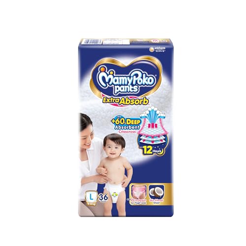 Image of MamyPoko Pants Extra Absorb Baby Diapers, Large (L size) | 9-14 kg | 36 Count |Deep Sleep Diapers| Soft gentle fit |Deep Absorbent Crisscross | skin friendly with coconut oil |
