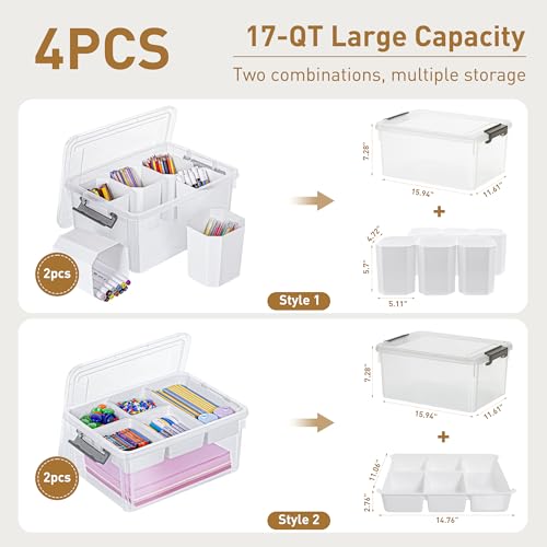 Image of Citylife 17QT 4Packs Clear Craft Organizers and Storage Bins with Lids | Stackable Art Supply Organizer with Tray and 6 Inserts for Markers, Crayons, Pencils, Tools, Playdoh, Coloring Books