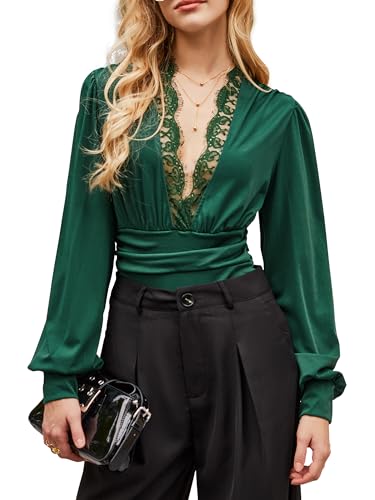 CUPSHE Body para mujer con cuello en V profundo, ribetes de encaje, manga larga, informal, de manga larga, mono, verde, M