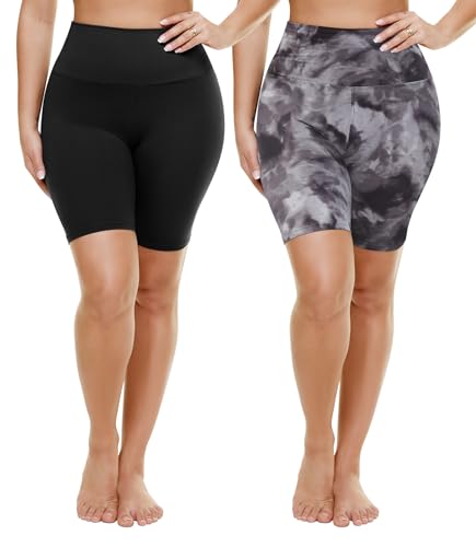 TNNZEET 2 Pack Plus Size Biker Shorts for Women - 8" Black High Waisted Tummy Control Spandex Workout Shorts (XL-4XL)