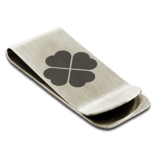 Stainless Steel Four Leaf Clover Heart Engraved Money Clip Credit Card Holder