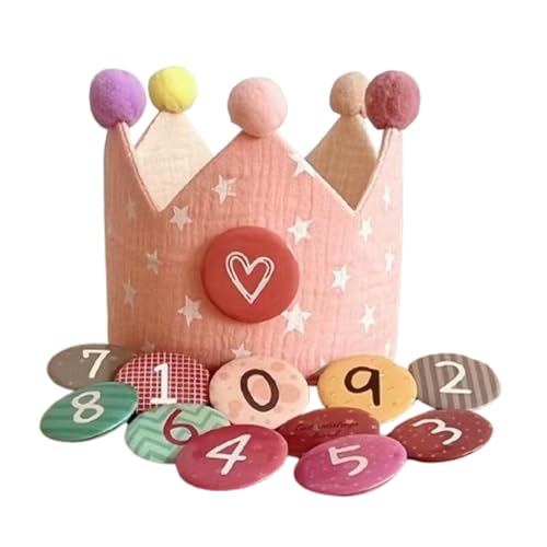 Noaxylic Coroa de aniversário, coroa de aniversário de musselina, números intercambiáveis 0 a 9, chapéus de festa crianças reutilizável, botões de velcro, para crianças, festas, meses de aniversário, rosa