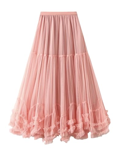 Women Maxi Mesh Skirt All Season A-Line Skirt Ruffle Long Tulle Party Skirts High Waist A-Line Skirts