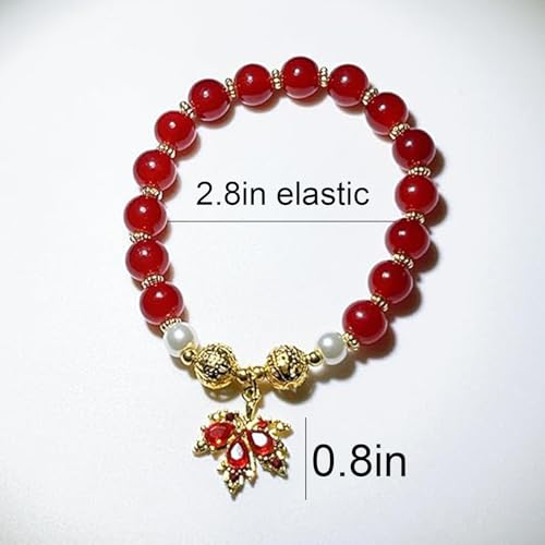 Vintage Red Beaded Bracelet for Women - Maple Leaf Fall Natural Red Jade Stretch Gold Bracelet With OT Clasp - Thanksgiving Autumn Jewelry3