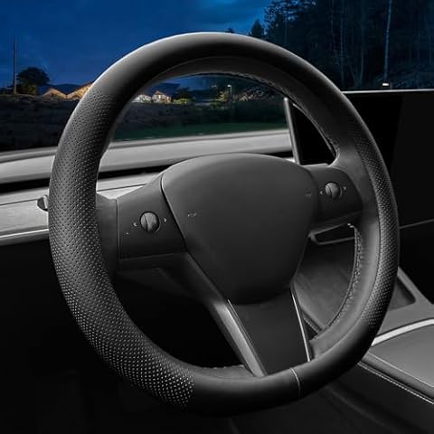 LKWLIKEI Nappa Leather Ultra-Thin Steering Wheel Cover, for Tesla Model 3/Y Steering Wheel Cover, Non-Slip Design and Interior Modification of car Accessories (Black) Cover