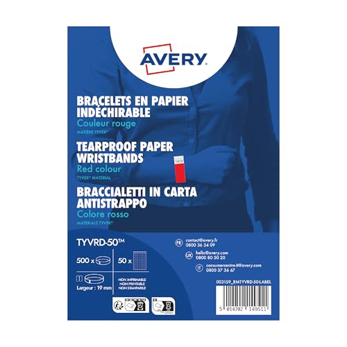 Avery Italia Tyvrd-50 Braccialetti Di Identificazione In Carta Tyvek® Antistrappo - Rosso Fluo - 500 Pezzi