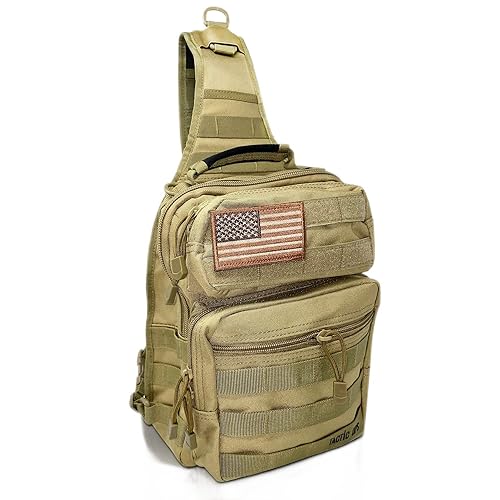 Tactical Sling Military Waterproof Bag - Everyday Carry EDC Diaper Back pack - Assault Rover Shoulder Sling Molle Gun Range Bag - Hiking, Hunting, Camping, Traveling Comfort - Beige