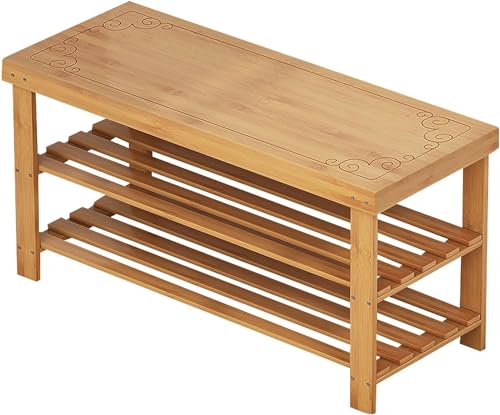 Banc à chaussures rustique en bois massif de 70 cm avec 2 niveaux de rangement d'entrée