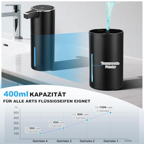 Seifenspender Automatisch Elektrischer 4-Stufen Verstellbar Wandmontage Sensor mit Sensor 400ml No Touch Seifenspender FüR Bad,KüChe,Büro Schwarz 5