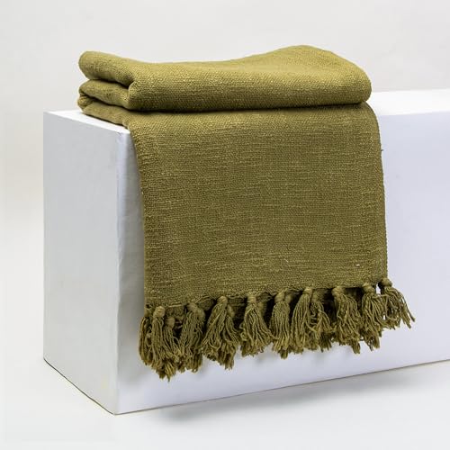 Image of Pure Cotton Hand Woven Sofa Throw | Handmade 50x60 Inch Solid Throw Blanket | Soft Throw for Living Room, Bed, Couch and Chair Throw | Reversible and Breathable (Olive-Green)-200 TC