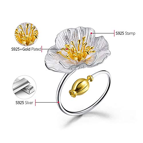 Bague coquelicot ajustable argent S925 fini les erreurs de taille bague