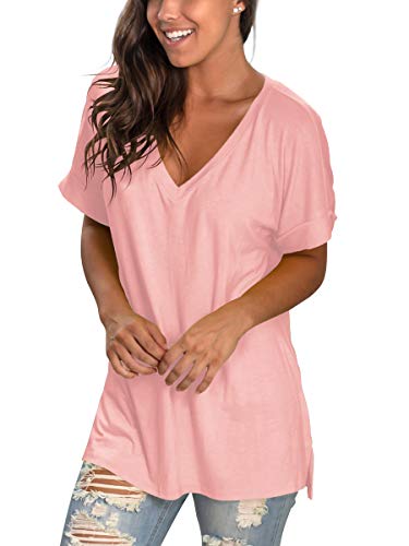 Image of Sampeel Women's V Neck T Shirts Casual Rolled Short Sleeve Side Split Summer Tops Loose Fit