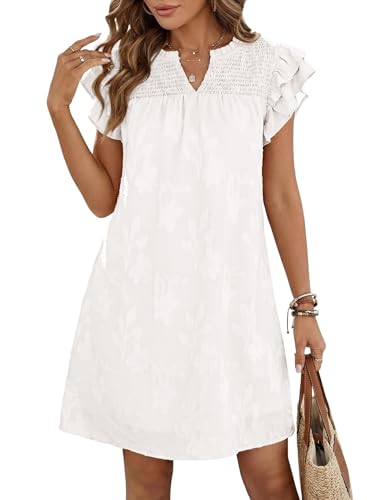 Image of Dokotoo Womens Summer Dresses 2026 Ruffle Short Sleeve Casual V Neck Smocked Floral Burnout Mini Dress Sundress