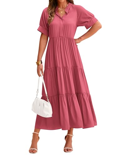 dowerme Women's Summer Dresses 2026 Casual Short Sleeve Button Loose Fit Pleated Boho Flowy Swing Long Beach Sun Dress(Bean Paste Red,Large)