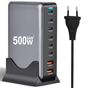 500W USB-C-lader 8-poorts, snelladeradapter met GaN III en PD 3.1, met 6 USB-C en 2 USB-A PD PPS-oplader 100W voeding voor MacBook, iPhone, laptop, iPad, Samsung