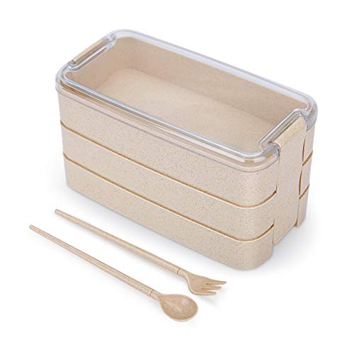 XLTOK Lunch Box, Three-Layer Bento Box with Fork, Spoon and Chopsticks, Ecological 900 ml bento Boxes for Adults and Children (Beige)