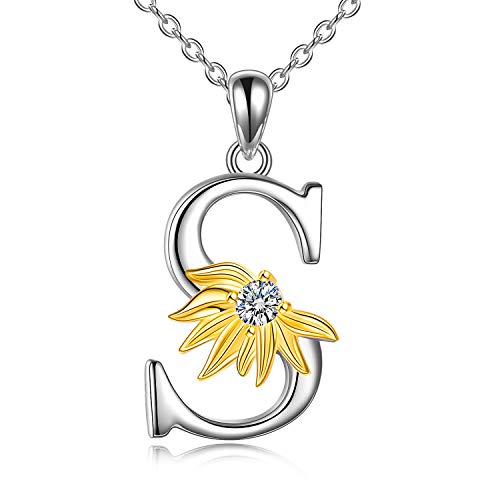 Poplyke Sterling Silver Initial Alphabet Letter S Script Name Pendant Chain Necklace For Women Girls For (Sunflower S) #TOP6