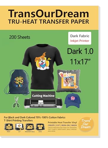 TransOurDream Dark Heat Transfer Paper for T Shirts (200 Sheets, 11x17") Printable HTV Heat Transfer Vinyl for Inkjet Printer Iron on Transfers for Dark Fabrics