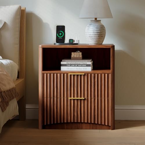 Image of Evermagin Fluted Nightstand Set of 2 with Charging Station, Walnut Bedside Table with 2 Drawers, Wood End Table with Storage Mid Century Modern, Large Night Stand for Bedroom