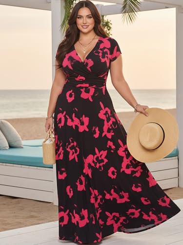 Image of KOH KOH Womens Short Cap Sleeve Summer Floral Print Long Casual Maxi Dress