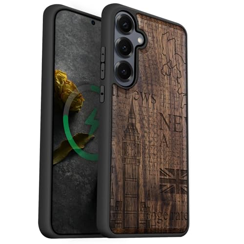 Coque Samsung S25 en bois de noyer gravé Big Ben et Union Jack compatible MagSafe par Carveit