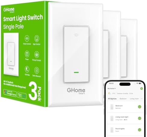 GHome Smart Switch,Smart Wi-Fi Light Switch Compatible with Alexa and Google Assistant 2.4Ghz, Single-Pole,Neutral Wire Required,UL Certified,Remote/Voice Control, No Hub Required (3 Pack)