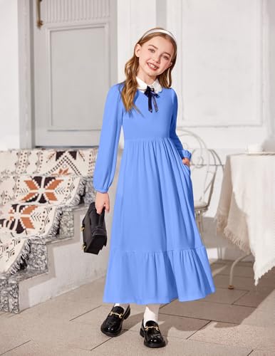 Image of Arshiner Girls Maxi Dresses Lantern Long Sleeve Casual Holiday Dress with Pockets for 5-14 Y