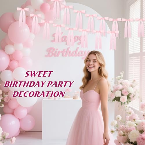 Image of Pink Bow Garland for Party Decorations - 6.6ft x 2 Pre-Strung Hanging Banners for Coquette Birthday, Bridal Shower, Wedding, Engagement, Bachelorette, Women Girl Baby Shower Supplies