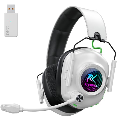 Krysenix Wireless Gaming Headset with Noise Canceling Microphone for PC, PS5, PS4, Switch, Mac,2.4 GHz Wireless & Bluetooth 5.4 Gaming Headphones, Cool RGB Lighting, 40Hr Battery, 50mm Drivers-White