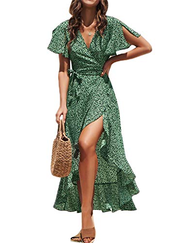 Fleur Wood Women's Short Sleeve V Neck Ruffle Floral Wrap Maxi Dresses Flowy Summer Boho Maxi Dress with Tie Belt Green