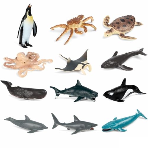 Image of 12-Piece Realistic Sea Animal Figures,Ocean Animal Figurines Toy Set with Dolphin,Shark,Turtle,Kids Bath Toys, Educational Marine Creatures Play Set,Birthday Gift for Boys Girls Toddlers (Style A)