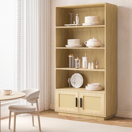 GarveeHome 5 Tier Bookshelf, Boho Bookcase with Rattan Doors, Wooden Bookcase and Bookshelf with Storage, Tall Book Stand, Large Bookshelf for Living Room, Bedroom, Home Office, Kitchen