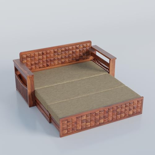 Image of Krishna Wood Decor Sheesham Wood 3 Seater Sofa Cum Bed with Mattress | Wooden Convertible Sofa Cum Bed with Side Pockets | Modern Sofa Bed with Storage Drawer for Living Room & Bedroom, Honey Finish