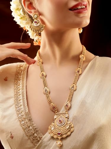 Image of Rubans Gold Plated Bridal Drop Pendant Jewellery Set with Earrings for Women
