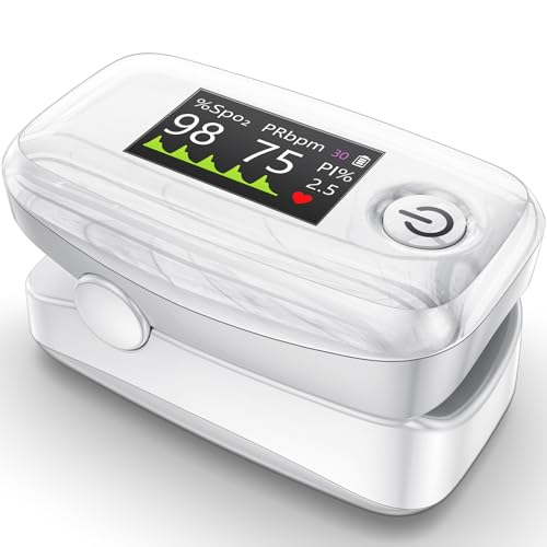 Image of Alecaremed YM504 Pulse Oximeter, 4 Color TFT-OLED 20 x Memory Oxygen Monitor Fingertip, Blood Oxygen Saturation Monitor with Alarm, Batteries and Lanyard (White)