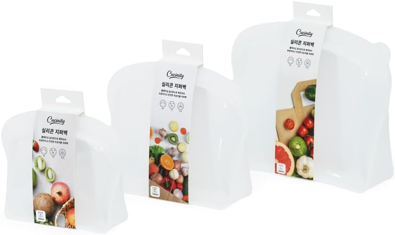 Cucinity Premium Silicone Reusable Zipper Bag, Food Storage Bags, BPA Free, Leakproof, Dishwasher & Microwave Safe, Eco-Friendly Zip Bags for Meal Prep, Freezer, White, 3-Pack (68oz, 41oz, 20oz)