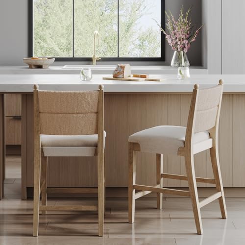 Image of Nathan James Cove Seagrass Counter Stool Wood Upholstered Bar Stool with Natural Flax Cushion and Seagrass Backrest, Light Brown, Set of 2