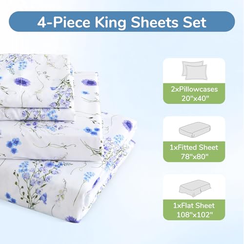 Image of MUXHOMO King Size 4 Piece Sheet Set, Soft & Breathable Sheet for Bedroom with Deep Pocket Up to 16 inch, Wrinkle-Free & Cooling Bed Sheets with Flat Sheet, Fitted Sheet & Pillowcases - Indigo Mystical