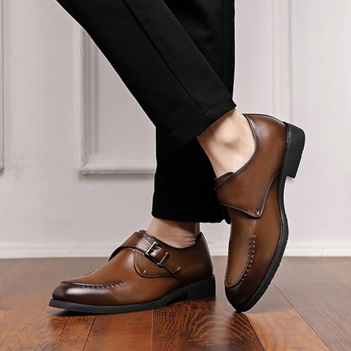 Men's Trendy Cowhide Chunky Heels Business Loafers with Monk Buckle Pointed Toe Comfort Slip On Dress Oxford Shoes for Casual Wedding Formal Shoes4