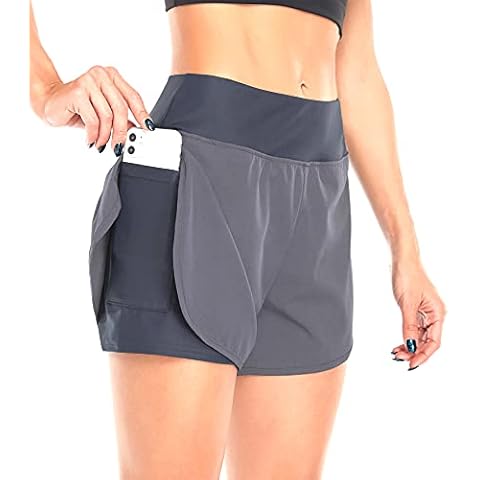 Jhsnjnr Womens Athletic Yoga Gym Shorts 2 in 1 High Waist Workout Running Shorts with Pockets, Light Grey, XL Cover