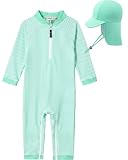 weVSwe Baby Badeanzug Junge Einteiliger Badebekleidung UV Schutz Schwimmanzug Langarm mit Sonnenhut Grün Weiß Streifen 0-6 Monate